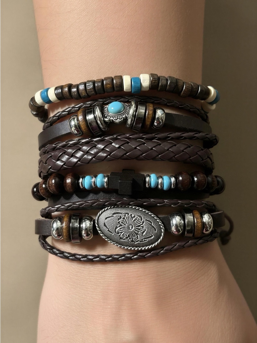 Leatherock Brown Leather Multi-Strand Bracelet with Turquoise Beads